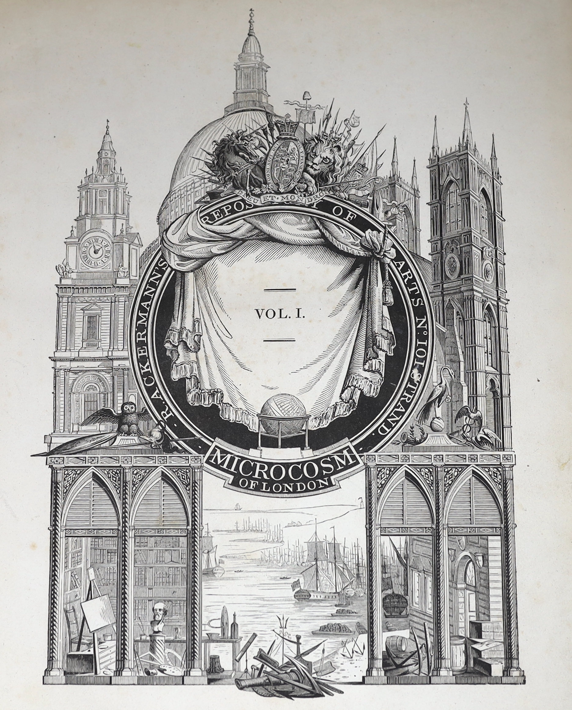 Ackermann (Rudolph, publisher) - The Microcosm of London, 3 vols, 1st edition, folio, calf gilt, rebacked, with wood-engraved titles and engraved dedication leaves, 104 hand-coloured aquatint plates after Rowlandson and